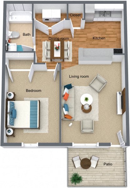 Floor plan for 1 bed, 1 bath, 636 sqft